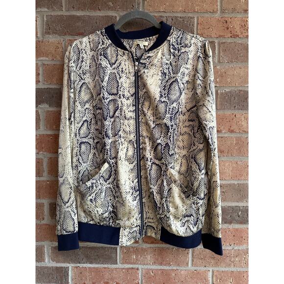 Kori America Women's Blue Snake Print Full Zip Bomber Jacket Sz Small - Picture 1 of 4